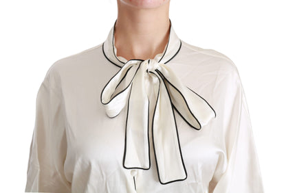 Dolce & Gabbana Elegant Beige Silk Blouse with Bow Scarf