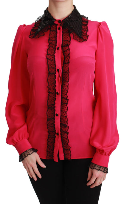 Dolce & Gabbana Silk Blend Lace Detail Blouse in Pink