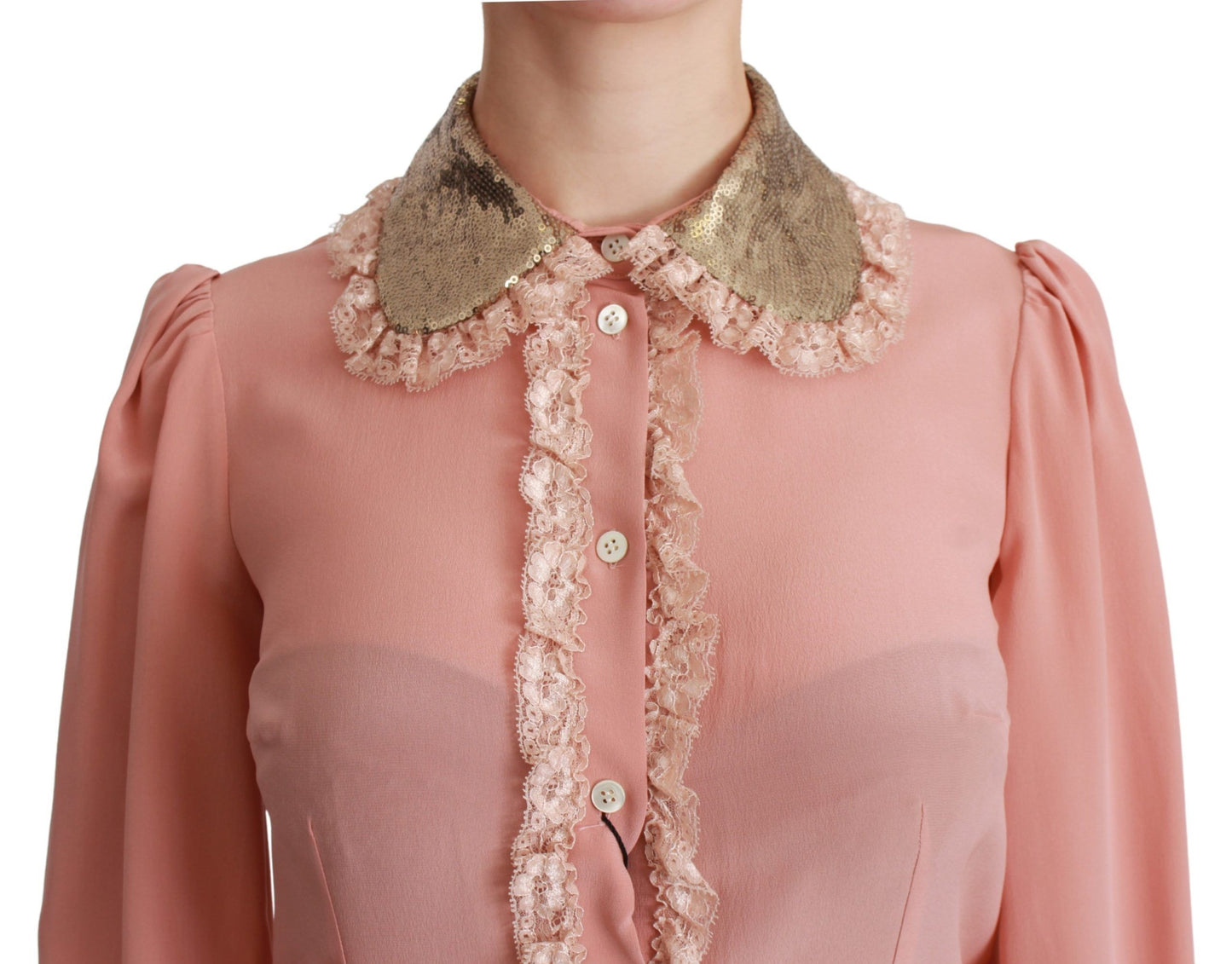 Dolce & Gabbana Elegant Pink Lace Silk Blouse with Gold Sequins