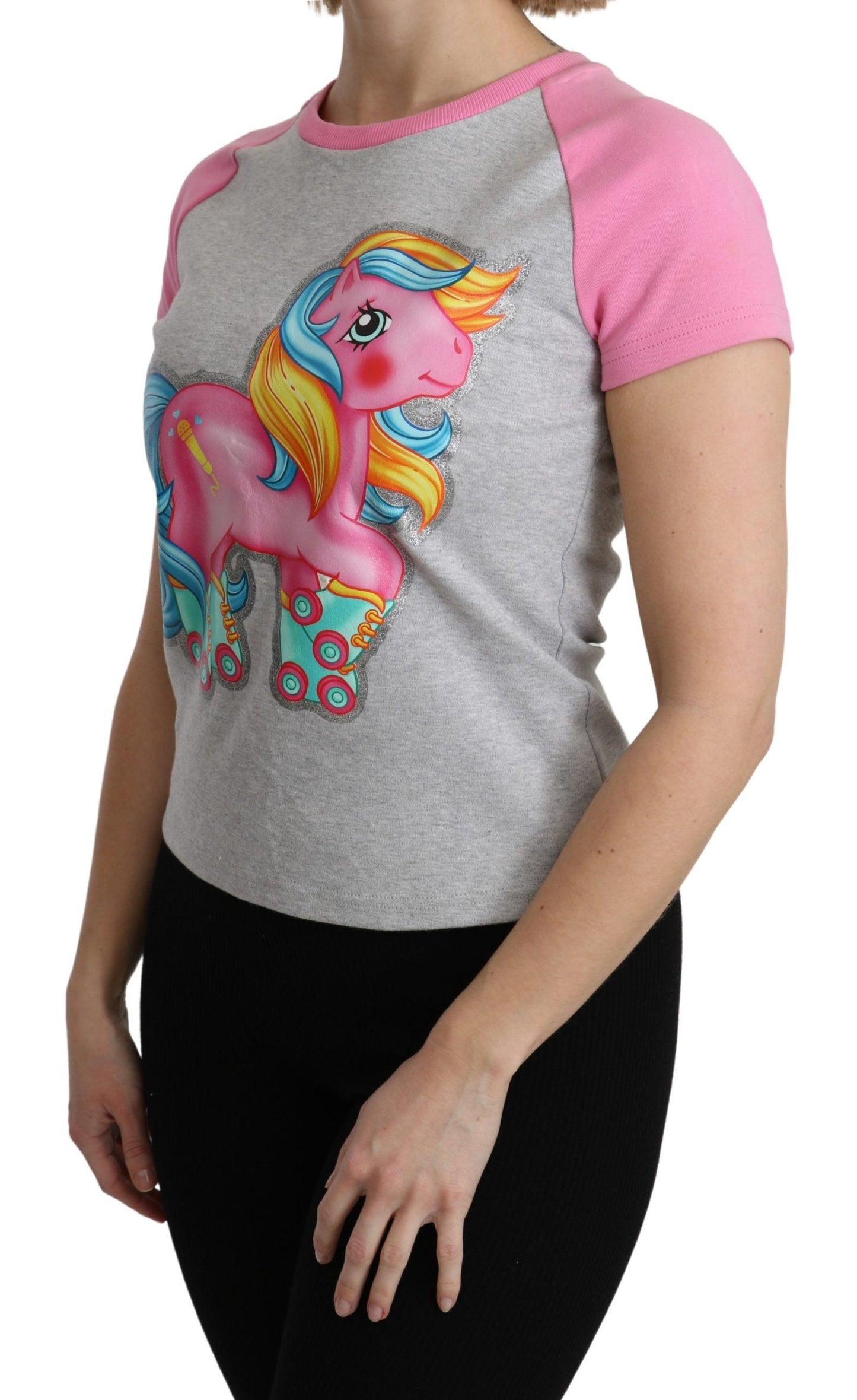 Moschino Chic Gray Crew Neck Cotton T-shirt with Pink Accents