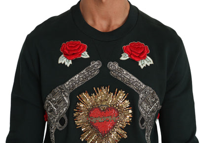 Dolce & Gabbana Emerald Cotton Sweater with Crystal Embroidery