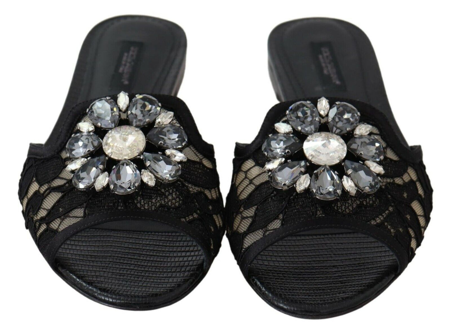 Dolce & Gabbana Elegant Black Lace Mules with Jewel Flower Detail