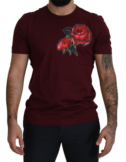 Dolce & Gabbana Elegant Bordeaux Roses Motif Crewneck Tee