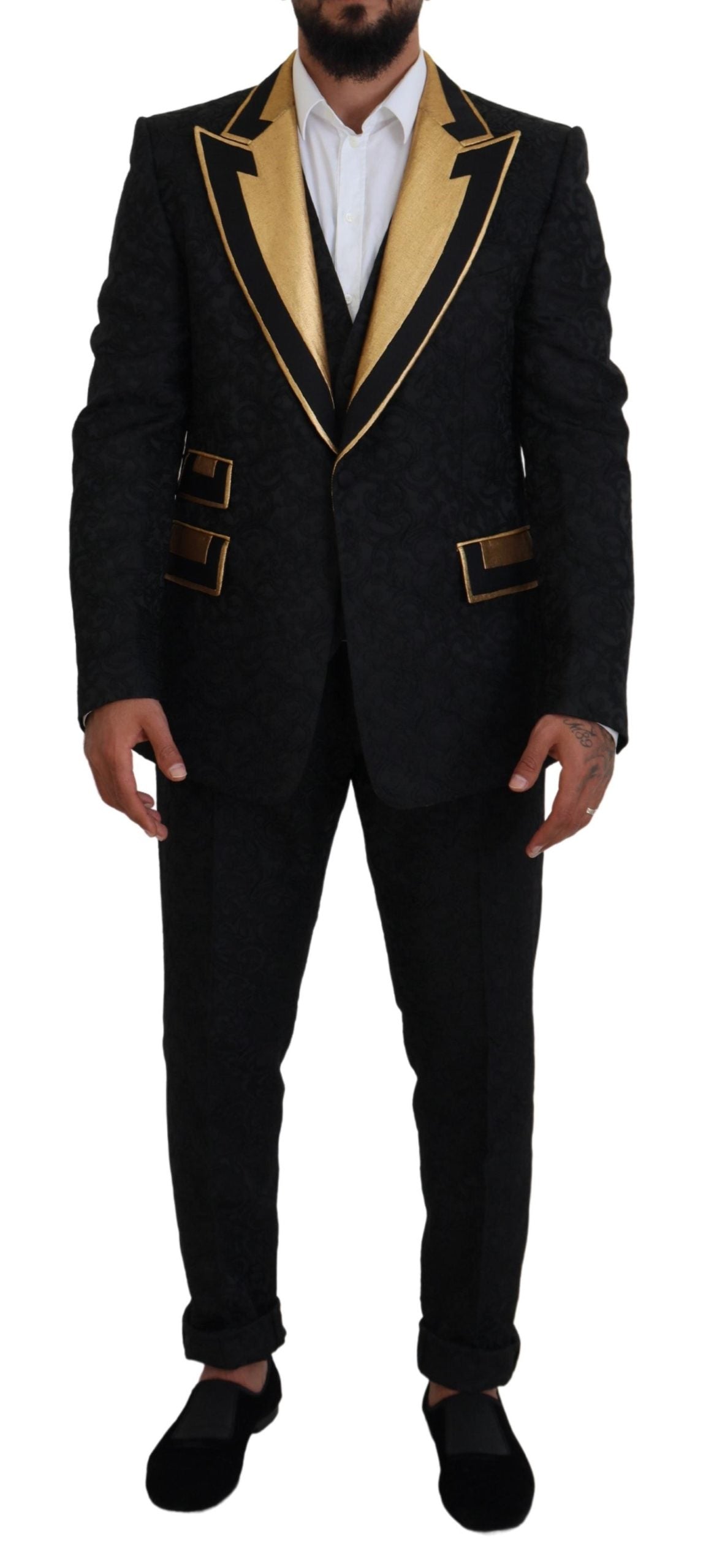 Dolce & Gabbana Elegant Black & Gold Slim Fit 3 Piece Suit