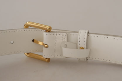 Dolce & Gabbana Chic White Leather Belt with Gold Engraved Buckle