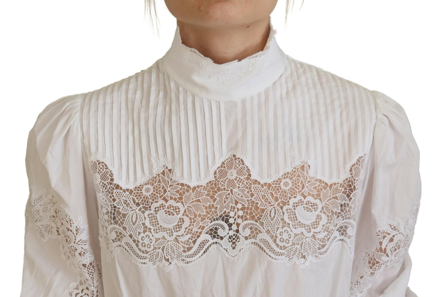 Dolce & Gabbana Elegant White Lace Trim Cotton Blouse