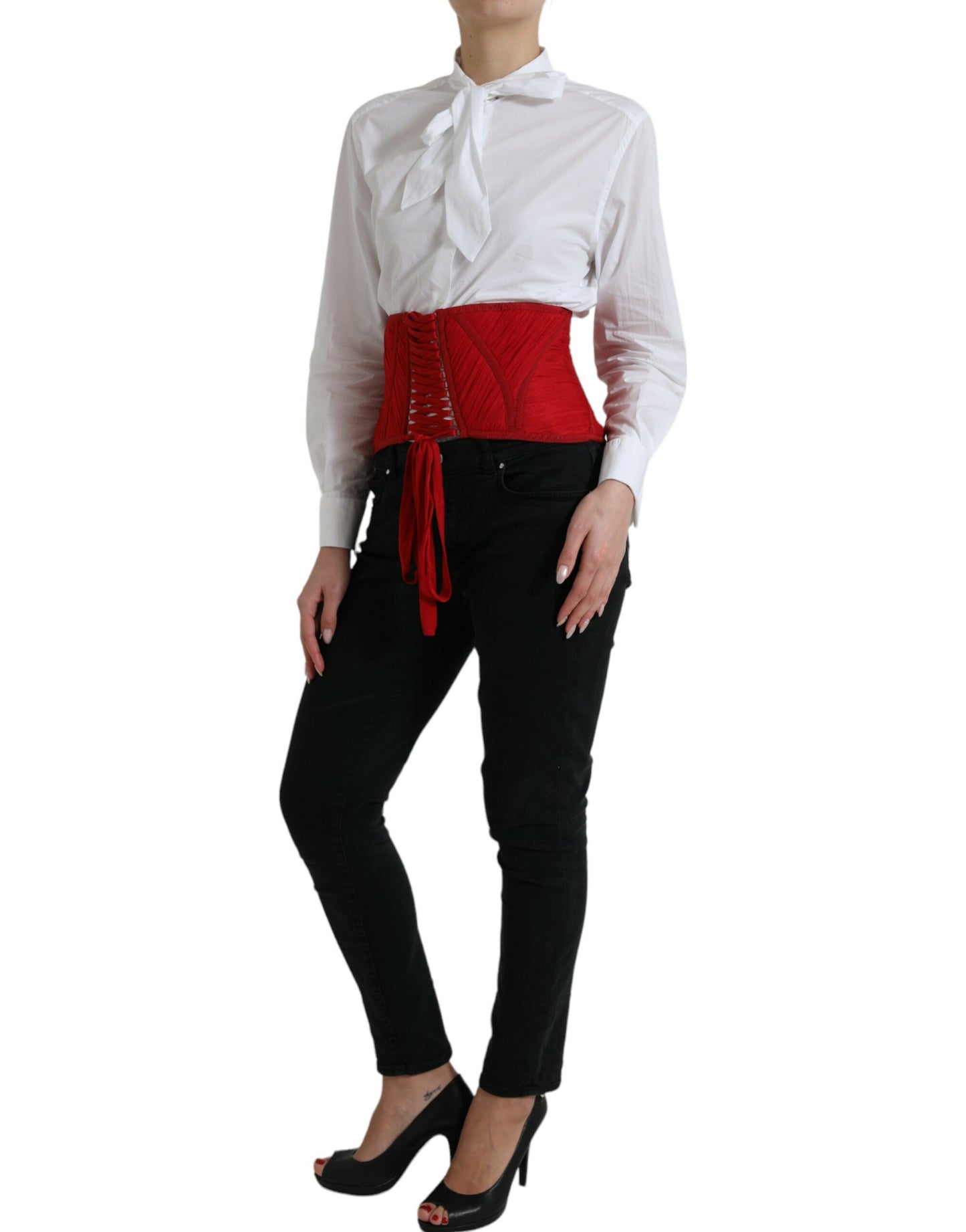 Dolce & Gabbana Silk Corset Waist Belt in Fiery Red