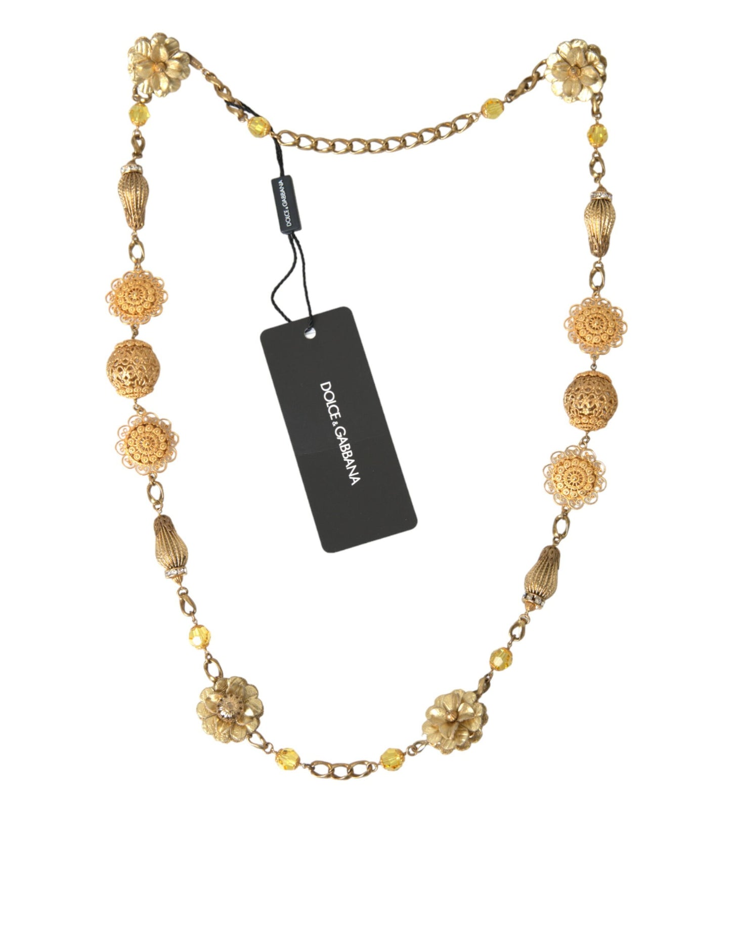 Dolce & Gabbana Crystal Flower Filigree Gold Brass Statement Necklace