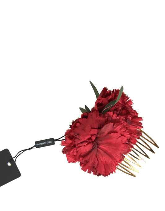 Dolce & Gabbana Red Silk Floral Gold Brass Women Hair Comb