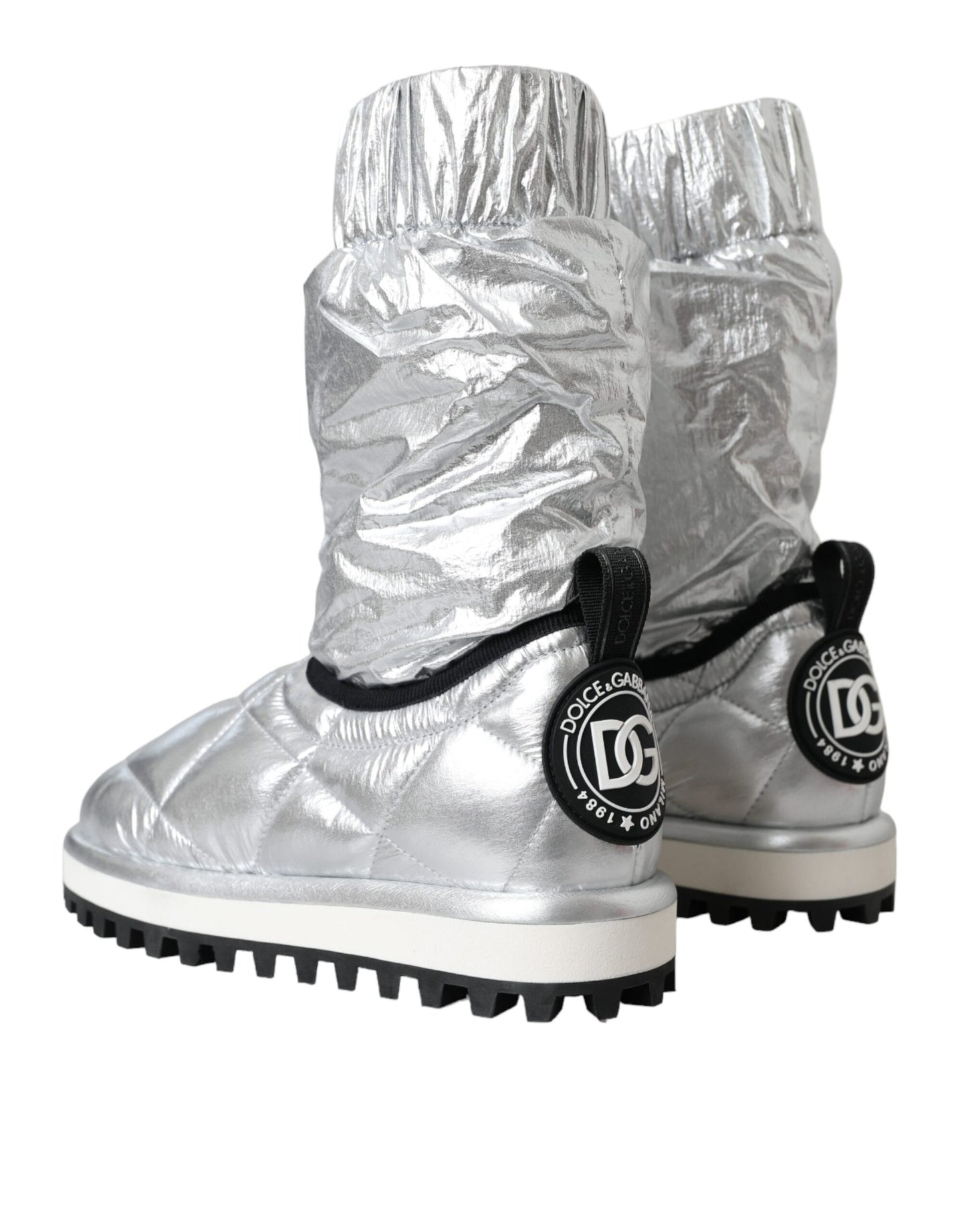 Dolce & Gabbana Metallic Silver Quilted Logo Patch Boot Shoes