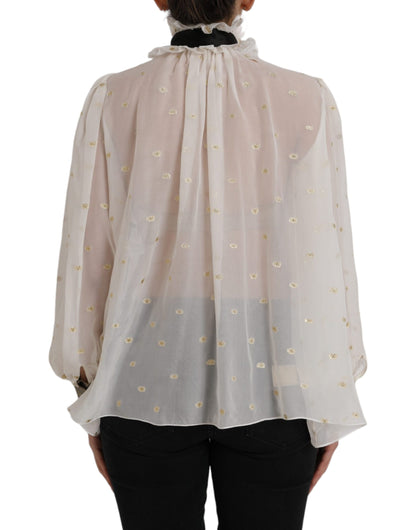 Dolce & Gabbana Off White Silk Blend Ascot Collar Blouse Top