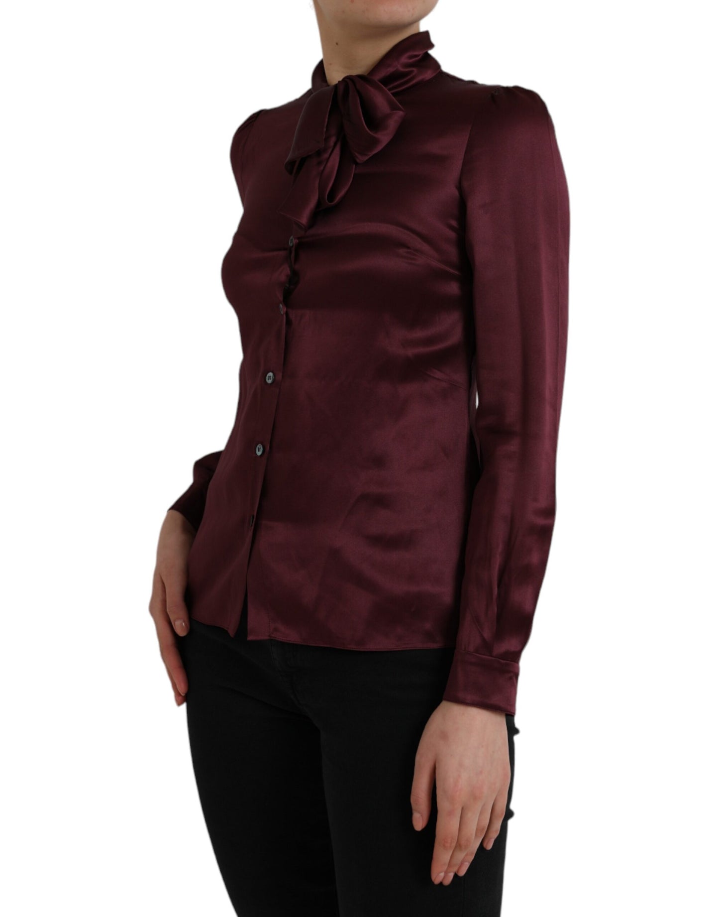 Dolce & Gabbana Maroon Ascot Collar Long Sleeve Top Blouse