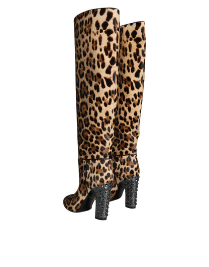 Dolce & Gabbana Beige Black Leopard Knee High Boots Shoes