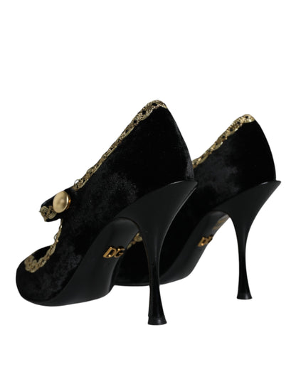 Dolce & Gabbana Black Mary Janes Velvet Gold Pumps Shoes