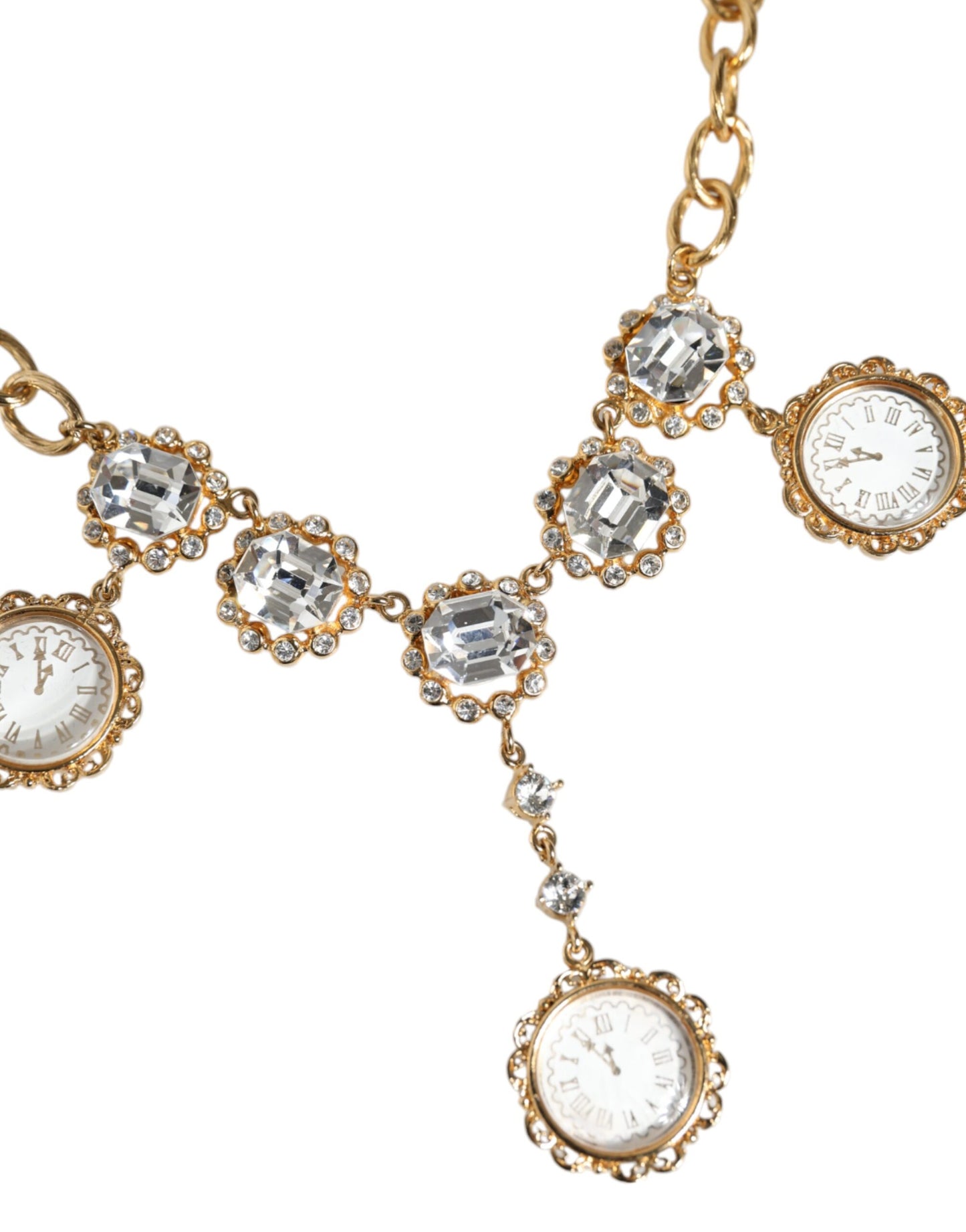 Dolce & Gabbana Gold Chain Brass Crystal Clock Statement Necklace