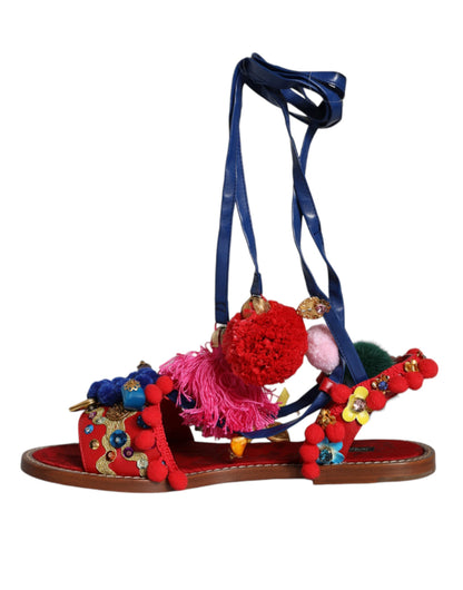 Dolce & Gabbana Multicolor Pom Pom Fur Wrap Sandals Shoes