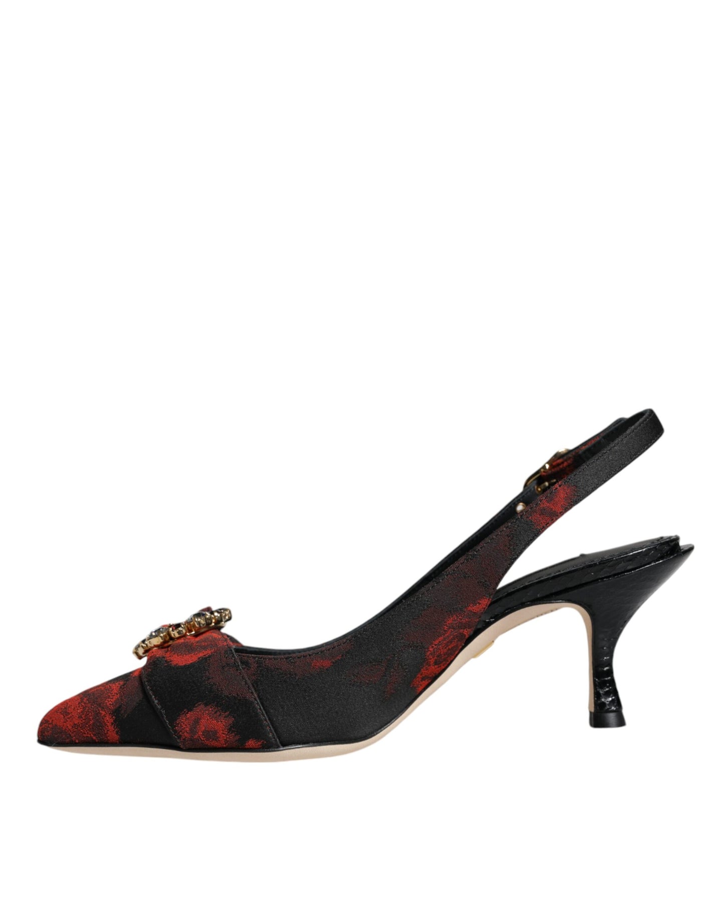 Dolce & Gabbana Black Red Floral Crystal Heel Slingback Shoes