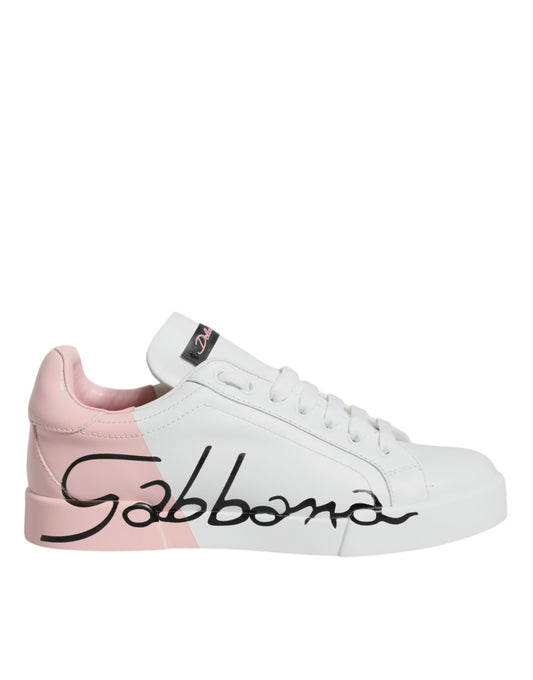 Dolce & Gabbana White Pink Portofino Low Top Sneakers Shoes