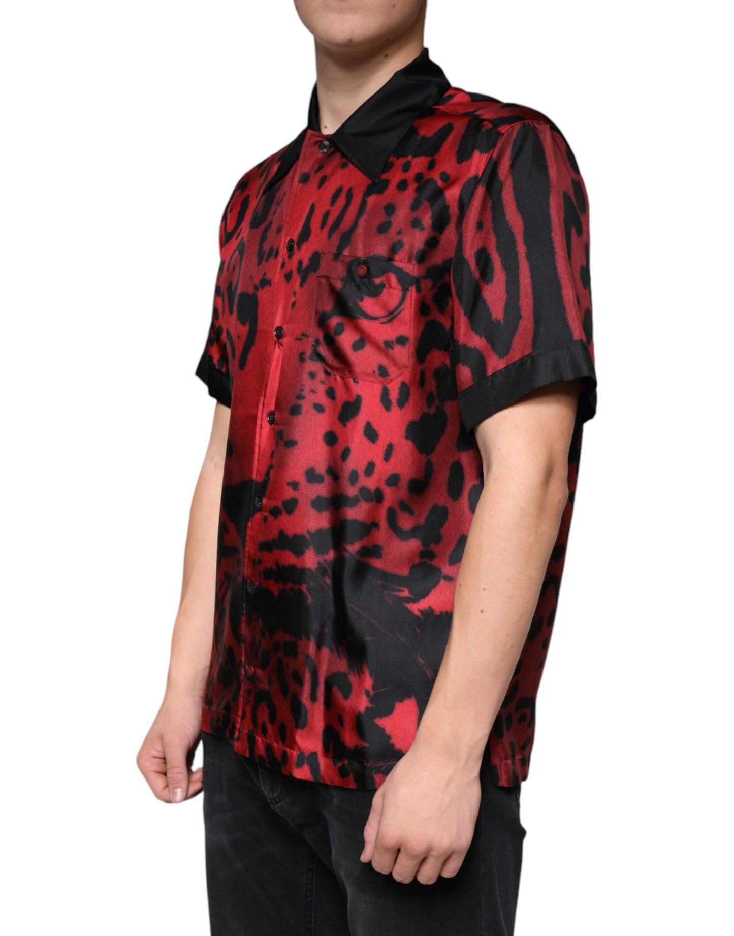 Dolce & Gabbana Red Leopard Silk Button Down Casual Shirt