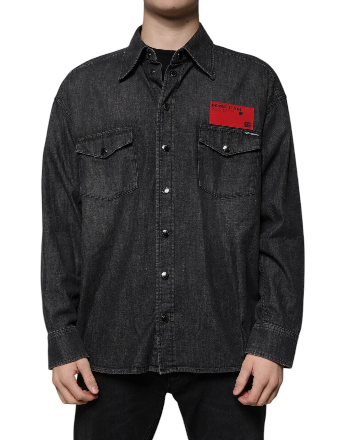 Dolce & Gabbana Black Logo Cotton Button Down Denim Shirt