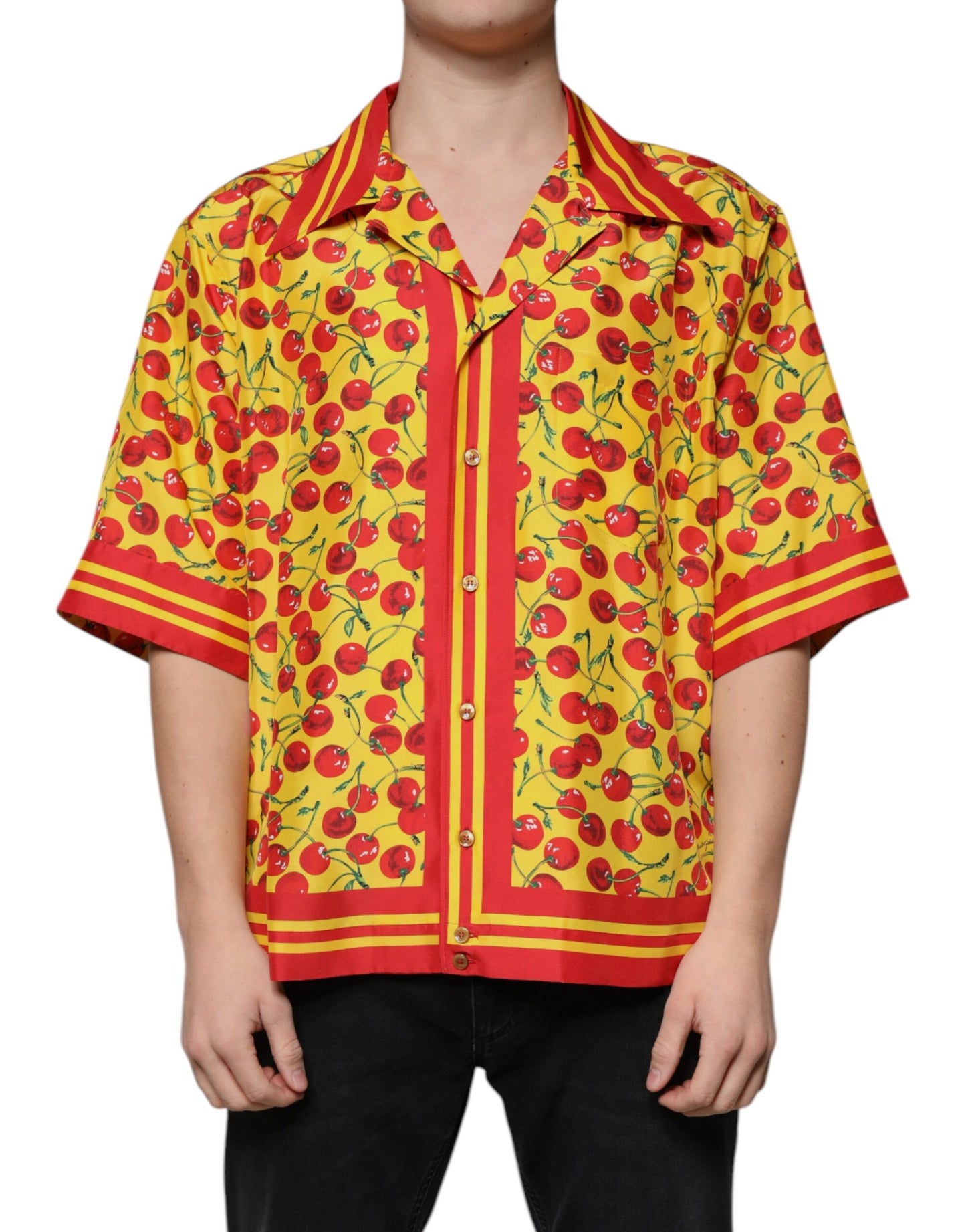 Dolce & Gabbana Yellow Cherry Button Down Silk Casual Shirt