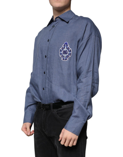 Dolce & Gabbana Blue Logo Long Sleeve Button Down Casual Shirt