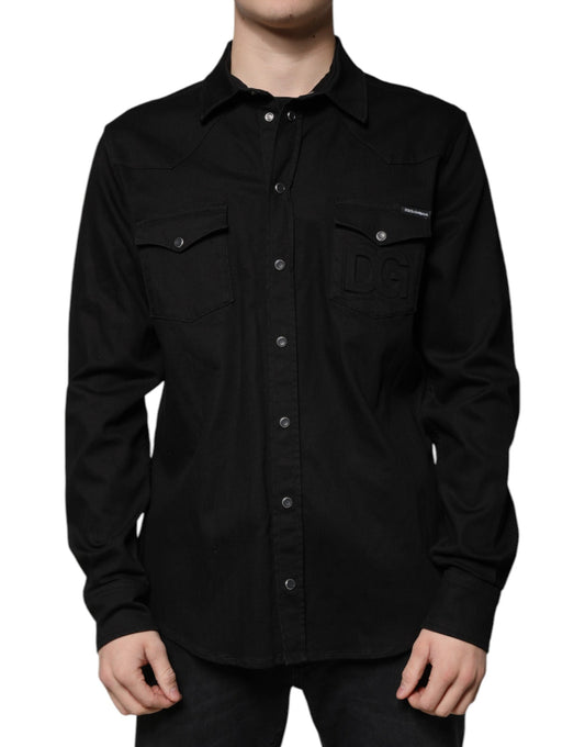 Dolce & Gabbana Black Cotton Collared Button Down Shirt