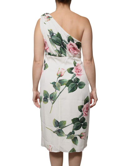 Dolce & Gabbana White Floral Silk One Shoulder Midi Dress