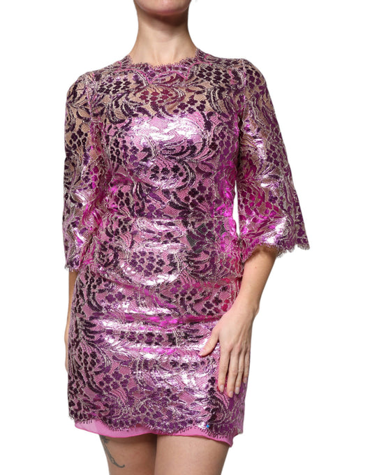 Dolce & Gabbana Metallic Fuchsia Floral Sheath Mini Dress