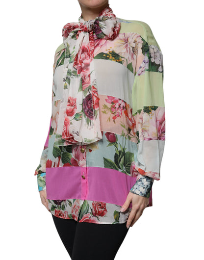 Dolce & Gabbana Multicolor Floral Patchwork Ascot Collar Top