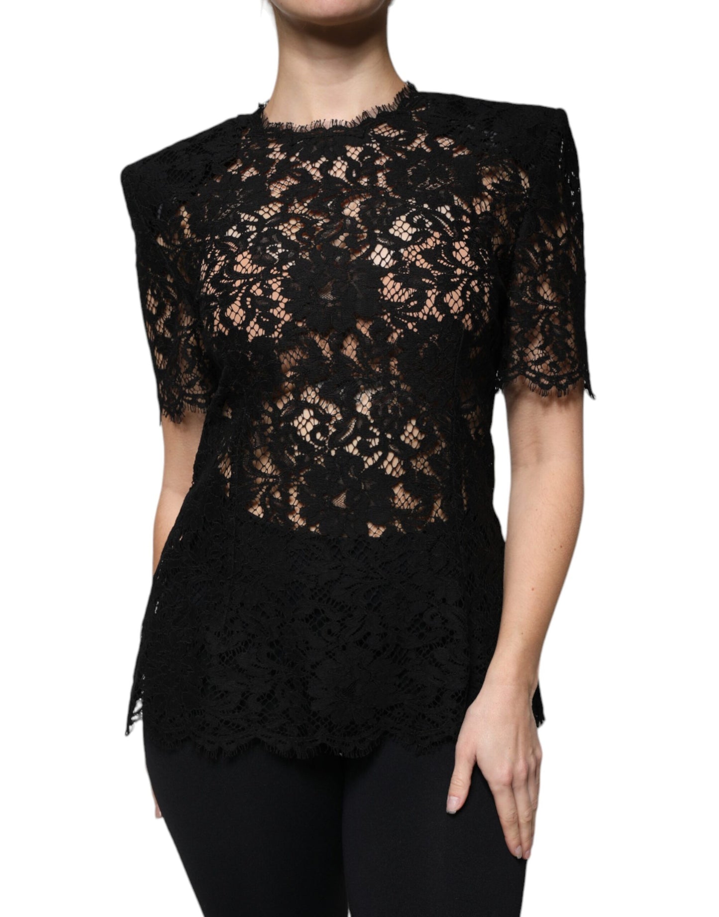 Dolce & Gabbana Black Floral Lace Short Sleeves Blouse Top