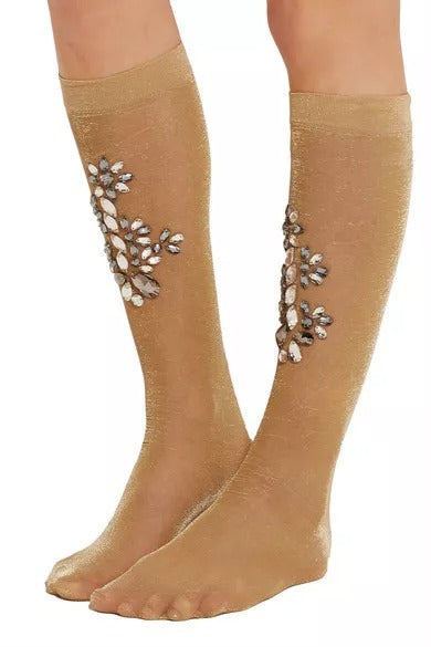 Dolce & Gabbana Gold Stretch Floral Clear Crystal Stocking Socks