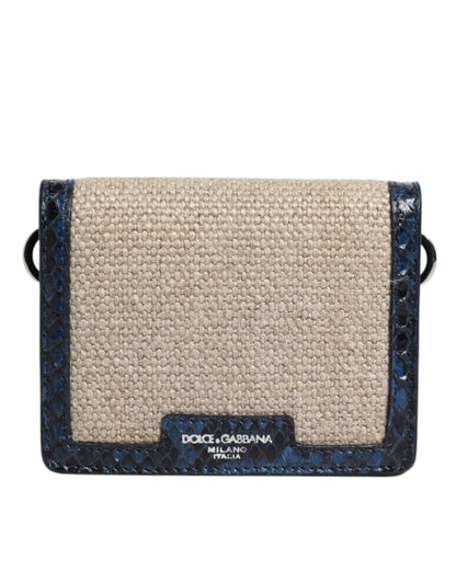 Dolce & Gabbana Beige Blue Leather Canvas Bifold Crossbody Bag