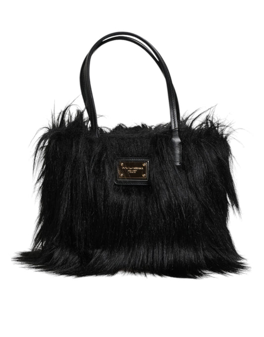 Dolce & Gabbana Black Fur Logo Plaque Double Handle Shoulder Bag