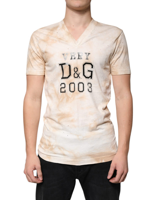 Dolce & Gabbana Beige Graphic Print Cotton V-neck T-shirt