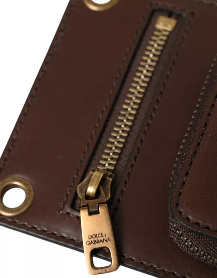 Dolce & Gabbana Brown Calf Leather Zip Logo Shoulder Neck Strap Wallet