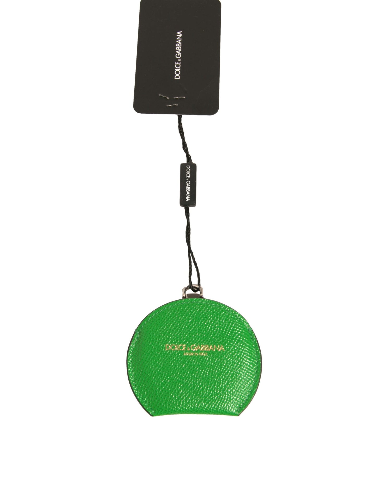 Dolce & Gabbana Green Calfskin Leather Round Logo Hand Mirror Holder