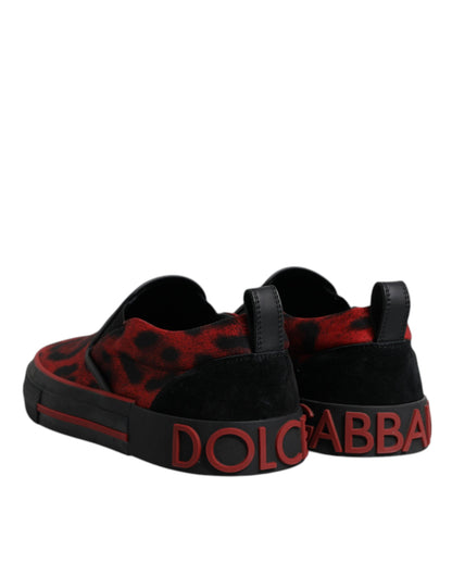 Dolce & Gabbana Red Black Leopard Cotton Men Low Top Sneakers Shoes