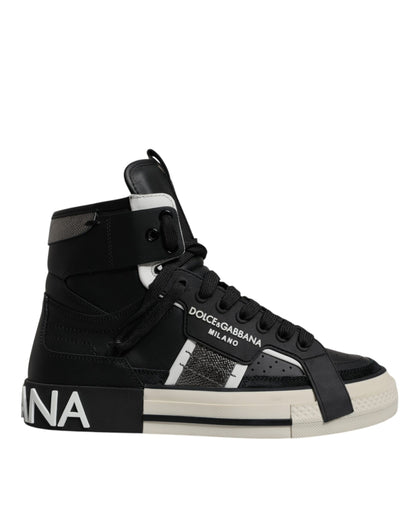 Dolce & Gabbana Black Silver Leather High Top Sneaker Shoes