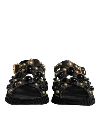 Dolce & Gabbana Black Leather Studded Slides Sandals Shoes