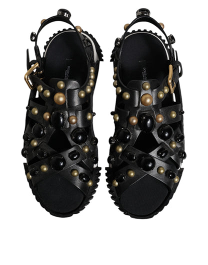 Dolce & Gabbana Black Leather Studded Slides Sandals Shoes