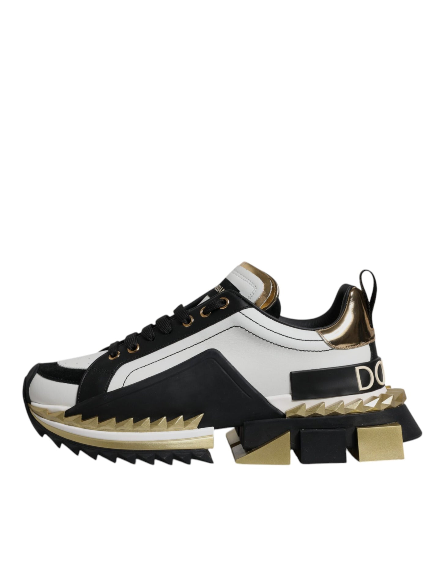 Dolce & Gabbana White Gold Black Leather SUPER KING Sneakers Shoes