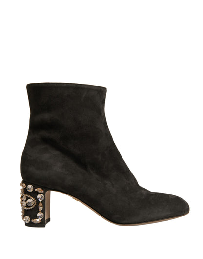 Dolce & Gabbana Black Embellished Heel Ankle Boots Shoes