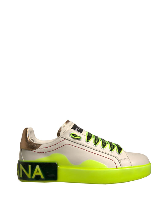 Dolce & Gabbana White Yellow Portofino Leather Sneakers Shoes