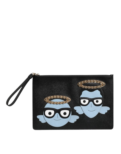 Dolce & Gabbana Black Leather #DGFAMILY Embellished Men Zip Pouch Bag