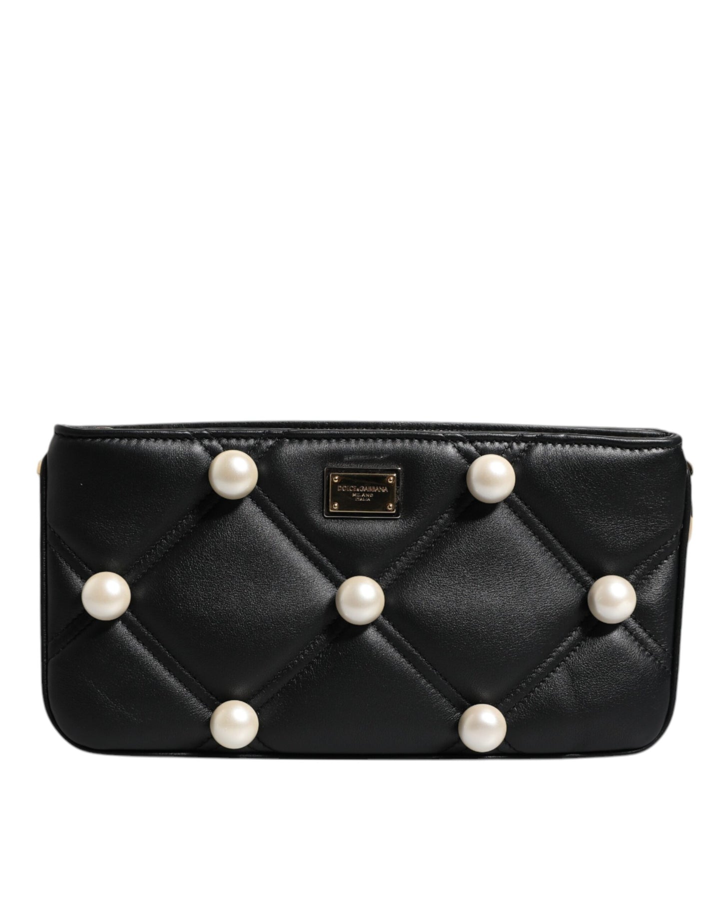 Dolce & Gabbana Black Leather Pearl Embellished Logo Shoulder Bag