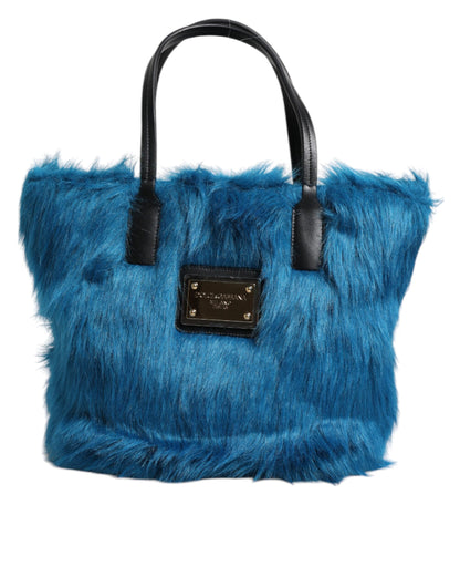 Dolce & Gabbana Blue Fur Logo Plaque Double Handle Shoulder Bag