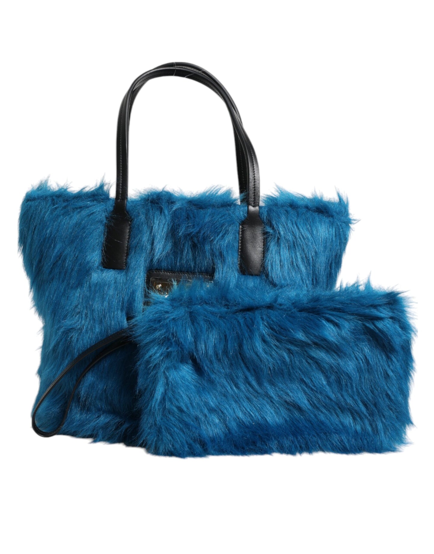 Dolce & Gabbana Blue Fur Logo Plaque Double Handle Shoulder Bag