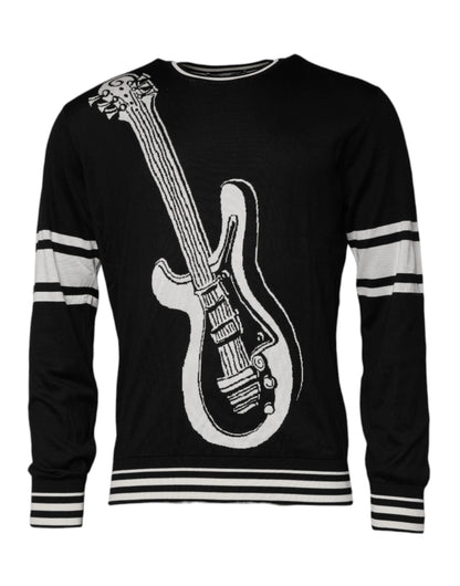 Dolce & Gabbana Black White Guitar Silk Crew Neck Sweater