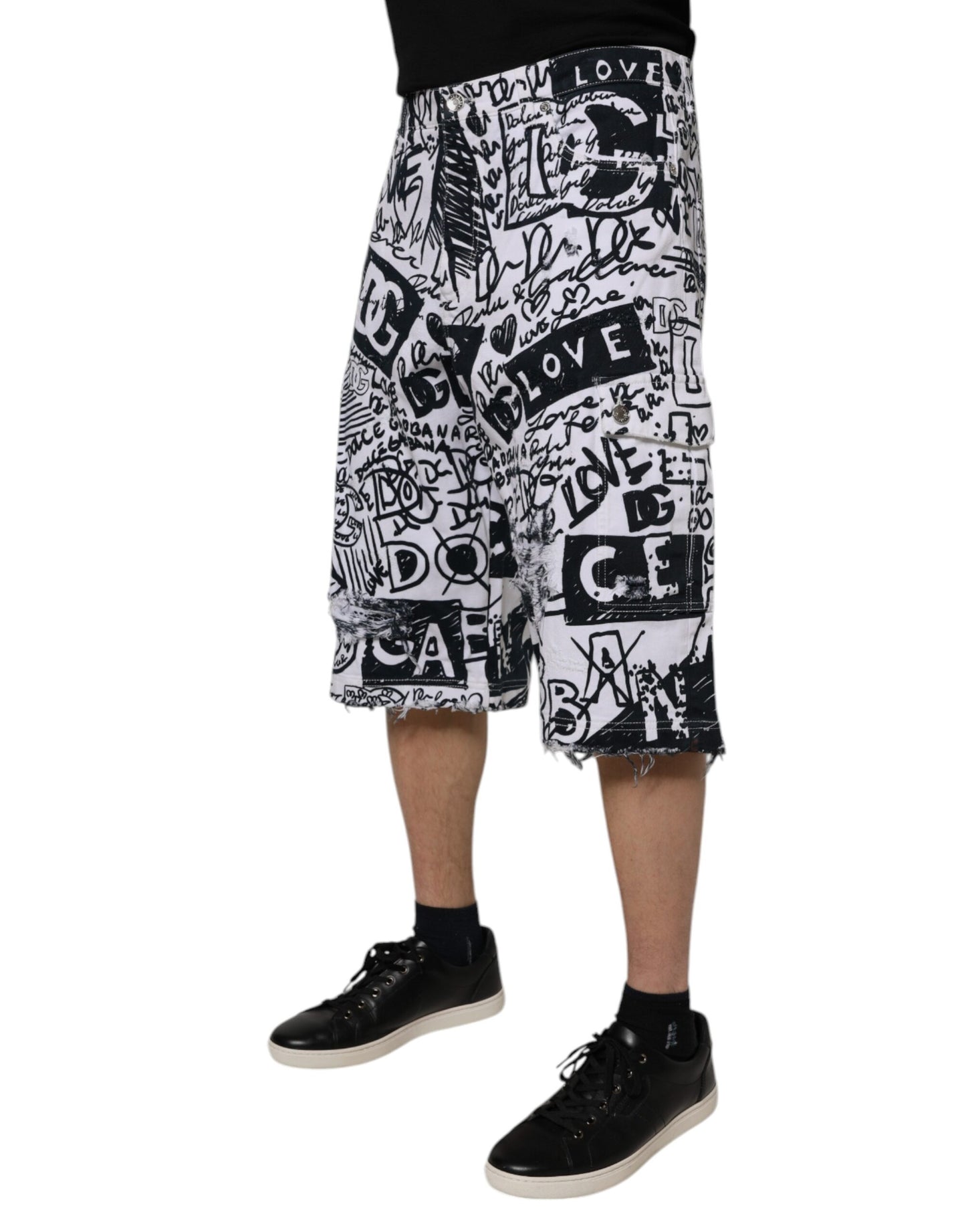 Dolce & Gabbana White Graffiti Cotton Men Bermuda Denim Shorts